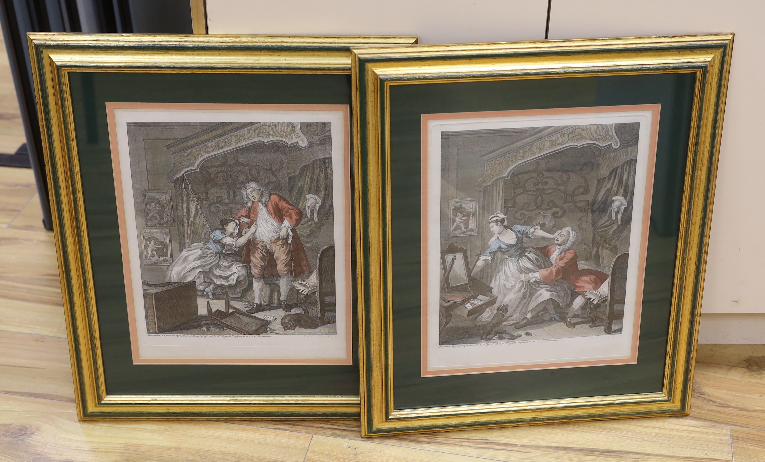 After William Hogarth (1697-1764) pair of satirical handcoloured engravings, 'Before' and 'After', each with Harrods label verso, 44 x 34cm